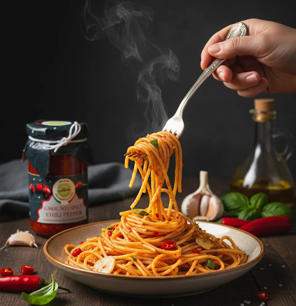 Steaming spaghetti with a fork, chili pepper jar, and olive oil bottle in the background.