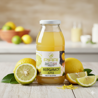 Bottle of Pirri Bergamot Juice with bergamots from calabria on a wooden surface