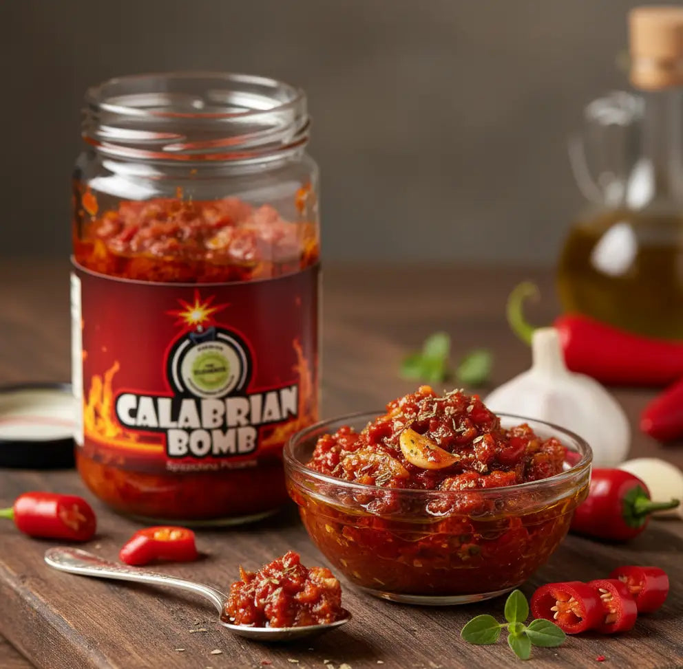 Jar and bowl of Calabrian Bomb hot sauce on a wooden surface with peppers and garlic.