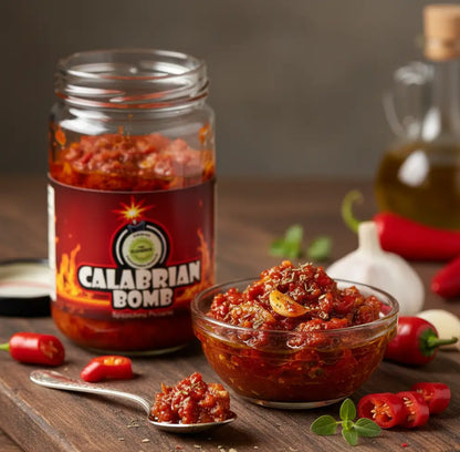 Jar and bowl of Calabrian Bomb hot sauce on a wooden surface with peppers and garlic.