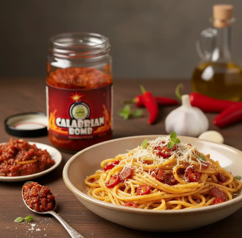 Spaghetti dish with Calabrian Bomb sauce on a wooden table