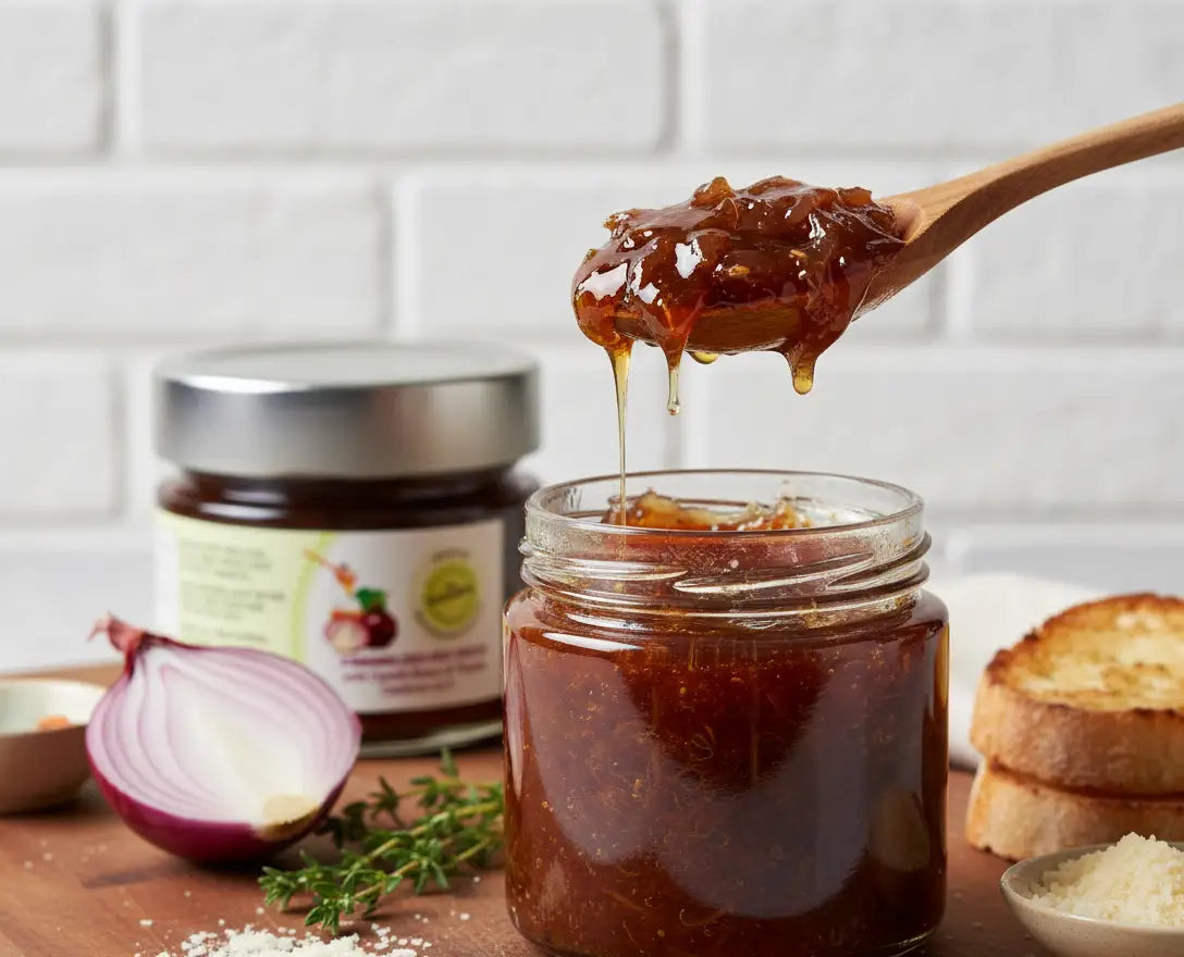 Jar of jam with a wooden spoon lifting some, surrounded by ingredients like bread and onions.