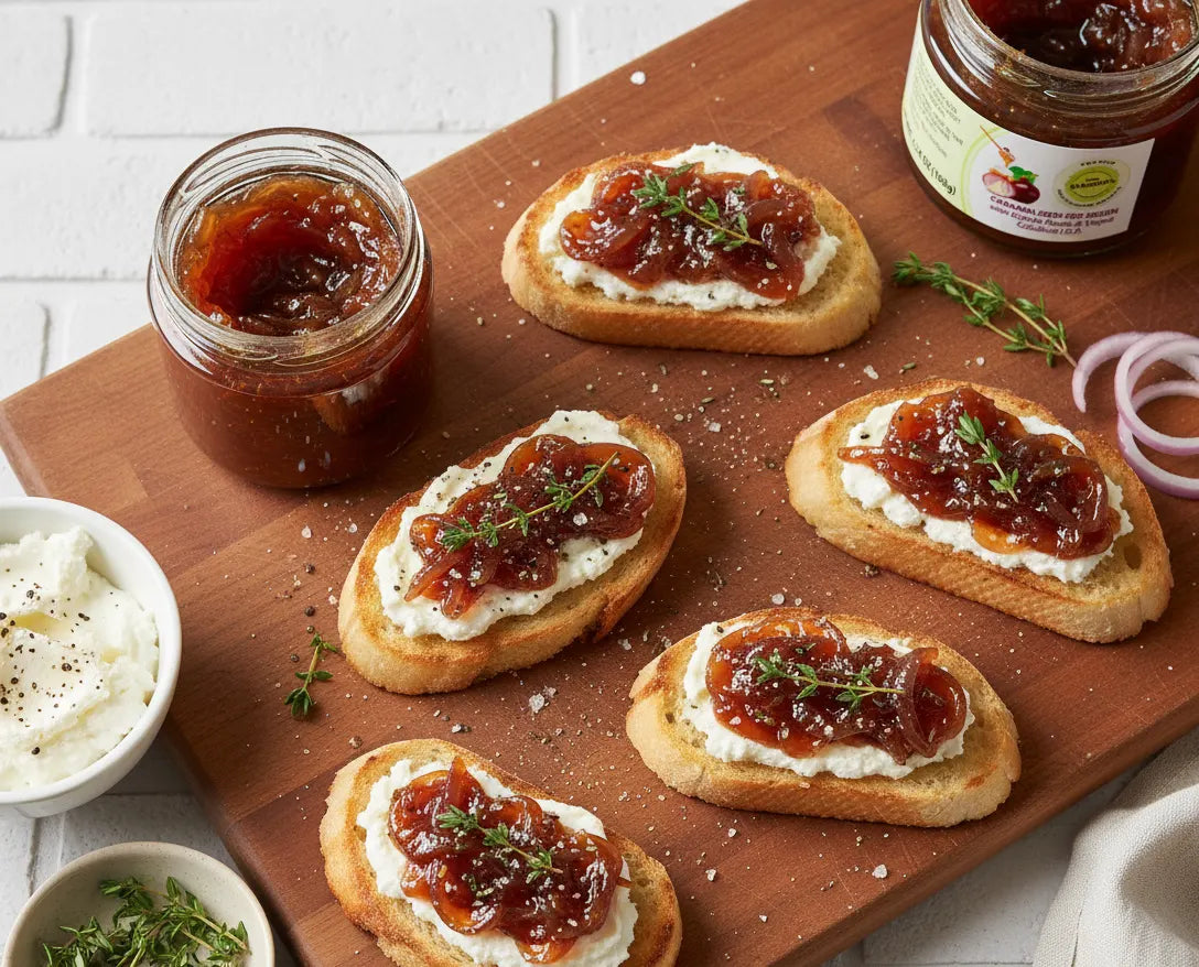 Wooden board with crostini topped with cream cheese and jam, accompanied by jars of jam and a bowl of cream cheese.