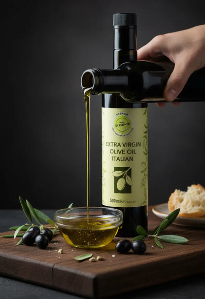 Bottle of extra virgin olive oil being poured onto a wooden cutting board with a dark background.