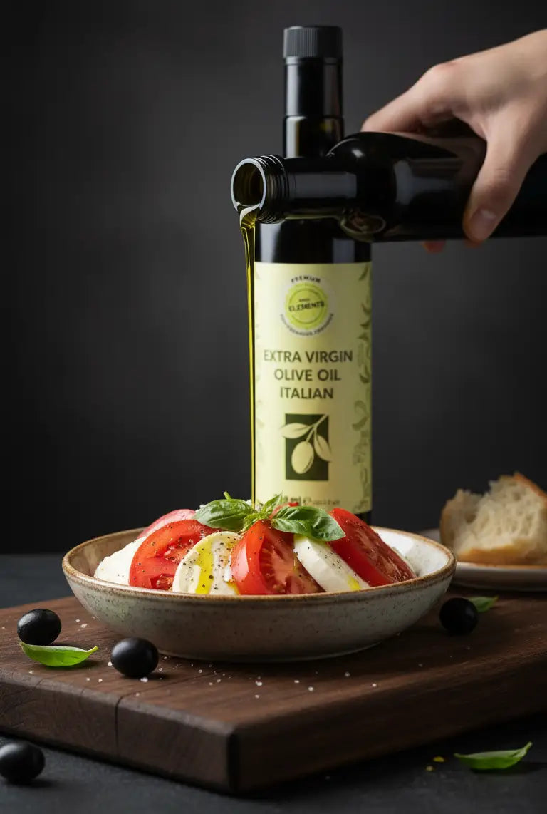 Bottle of extra virgin olive oil being poured over a salad on a wooden board.