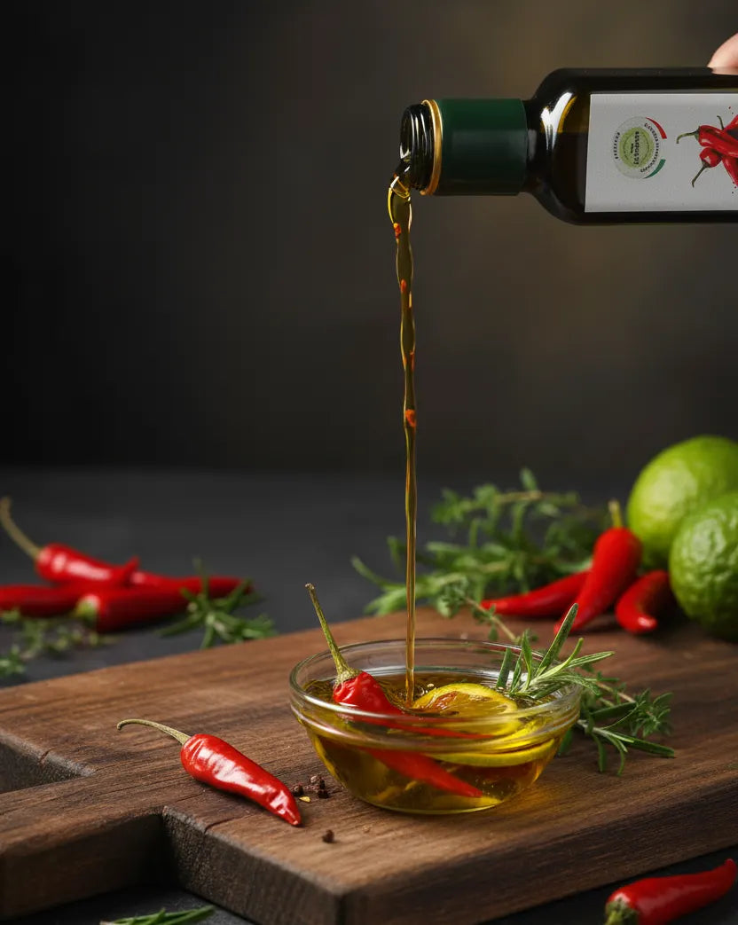 Bottle of olive oil being poured into a glass bowl with red peppers and herbs on a wooden surface.