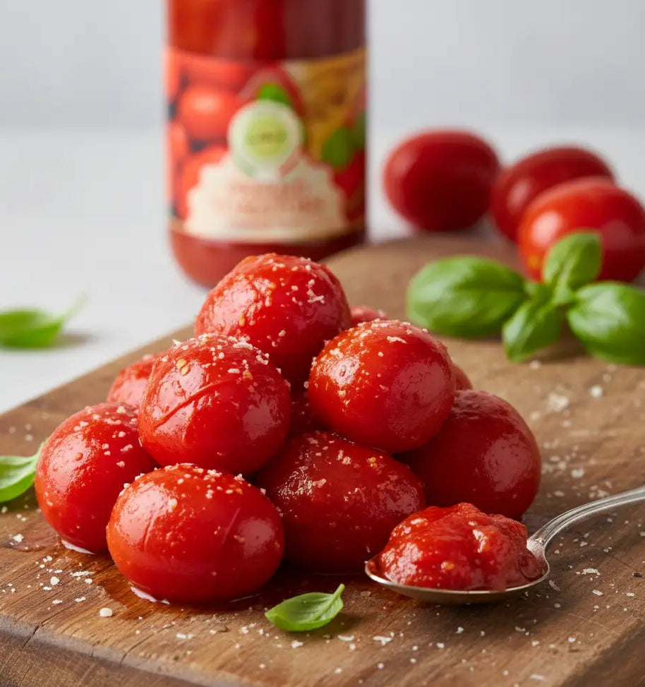 Tomatoes on a wooden board with a spoonful of tomato sauce and a bottle in the background.