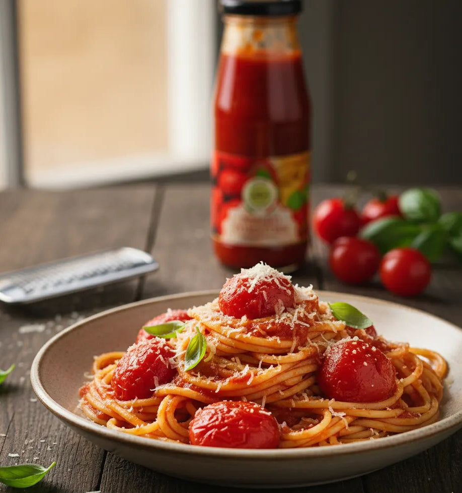 Spaghetti dish with cherry tomatoes and basil on a wooden table with a bottle of pasta sauce in the background.