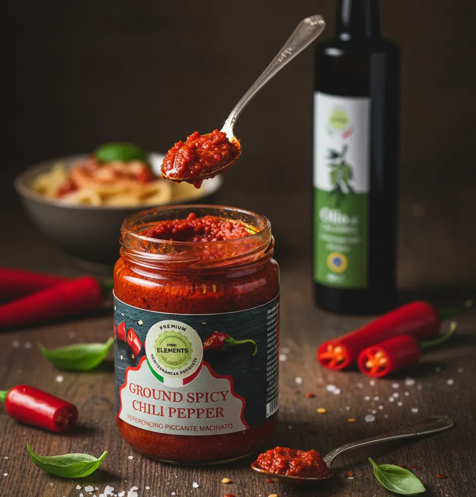 Jar of ground spicy chili pepper with a spoonful on a wooden surface, surrounded by red chili peppers and a bottle.