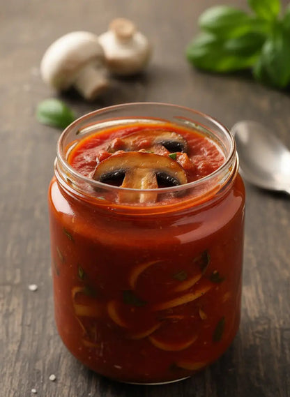 Jar of tomato-based sauce with mushrooms on a wooden surface