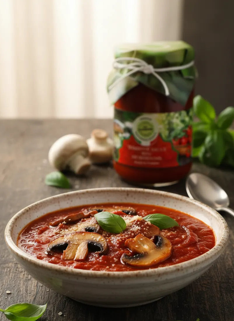 Bowl of tomato soup with mushrooms and basil leaves, accompanied by a jar of tomato sauce on a wooden surface.
