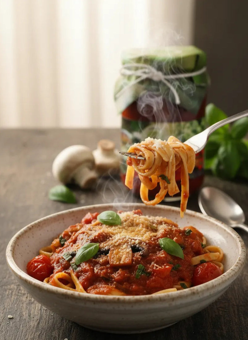Steaming bowl of spaghetti with a forkful being lifted, with a blurred background