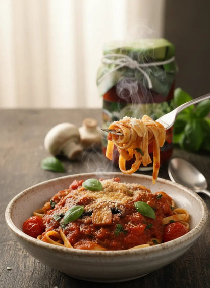 Steaming bowl of spaghetti with a forkful being lifted, with a blurred background