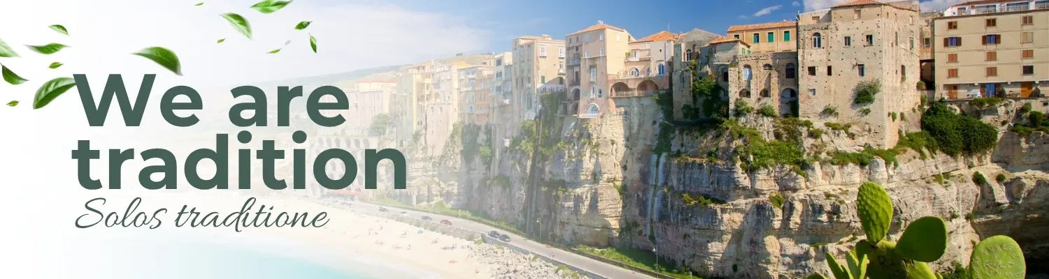 Traditional stone buildings on a cliffside with a river below, featuring the text 'We are tradition' and 'Sales tradizione'.
