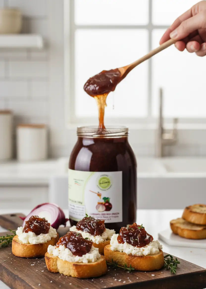 Jar of jam with a spoon dripping jam onto bread slices on a wooden board.