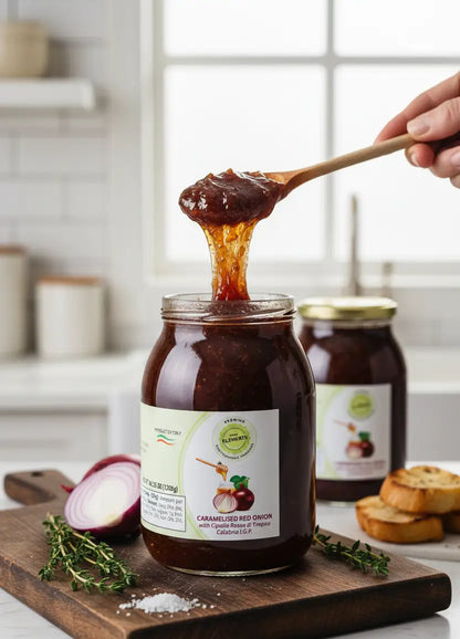 Jar of caramelized red onion chutney with a spoon lifting some out, set on a kitchen counter.