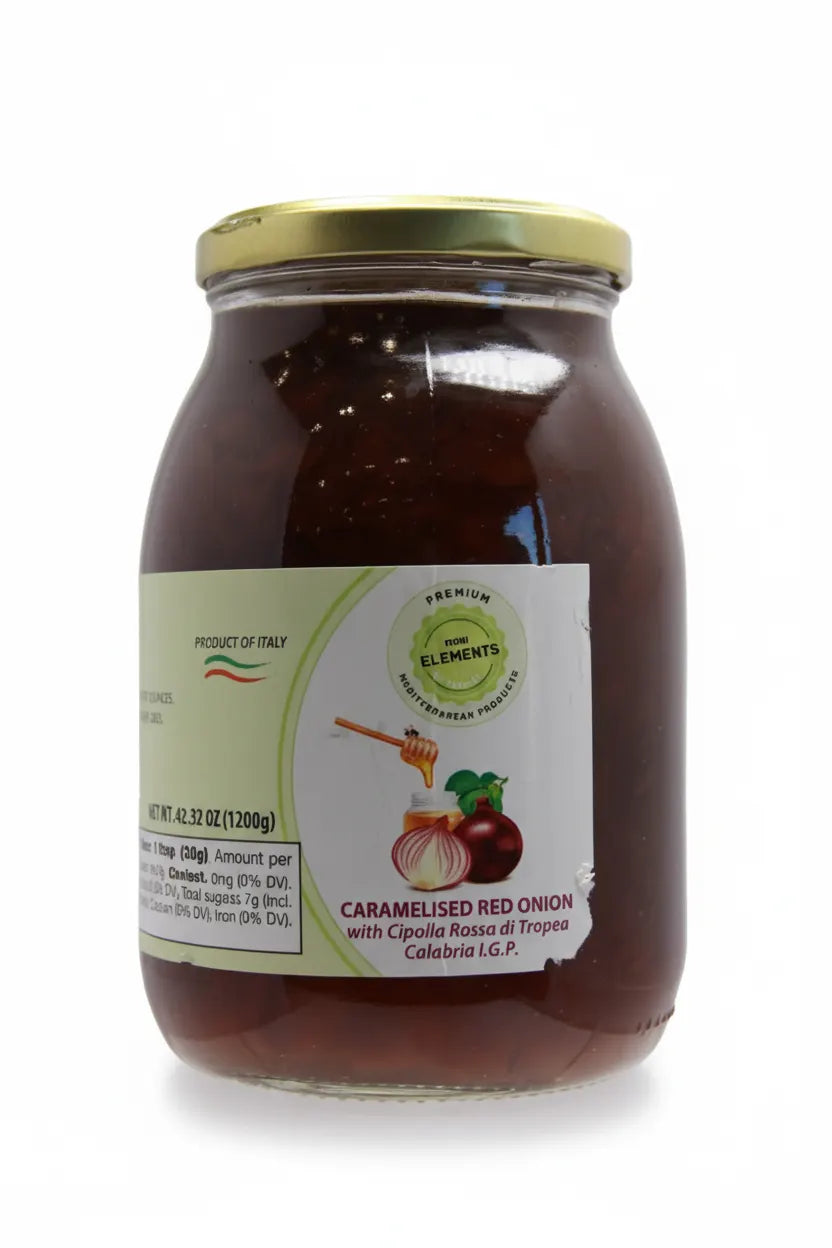 Jar of caramelized red onion with a visible label on a white background