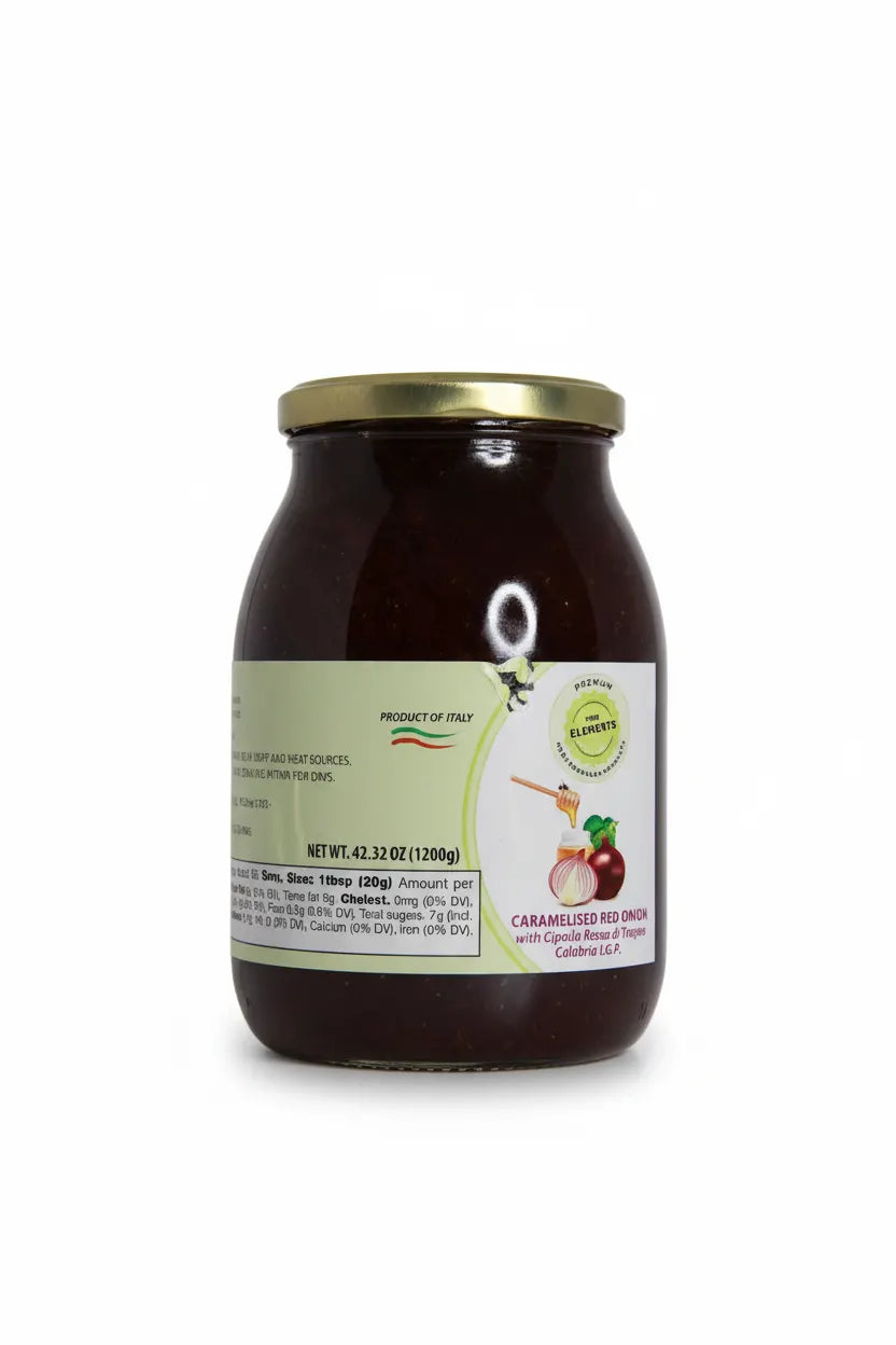 Jar of caramelized red onion spread on a white background