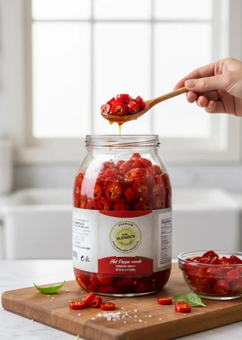 Jar of red pepper flakes with a spoonful being taken, on a wooden cutting board.