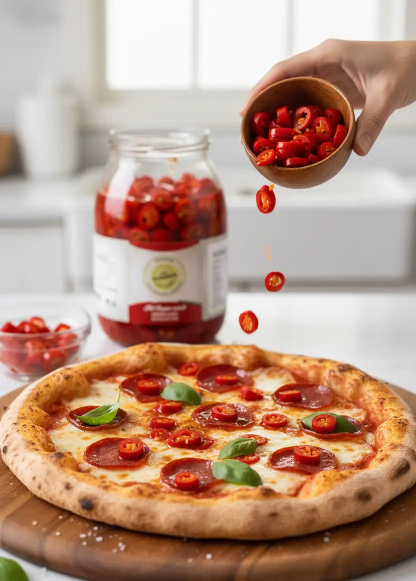 Person adding cherry tomatoes to a pizza with a jar of cherry tomatoes in the background.