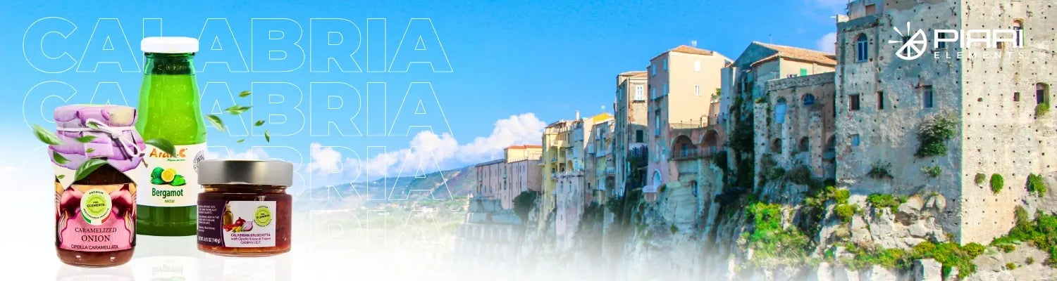 Traditional Italian products with a scenic background of stone buildings and blue sky.